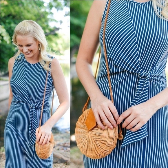 J. MCLAUGHLIN JENN STRIPED SLEEVELESS CREW NECK COTTON TIE WAIST SHEATH DRESS - Picture 1 of 7